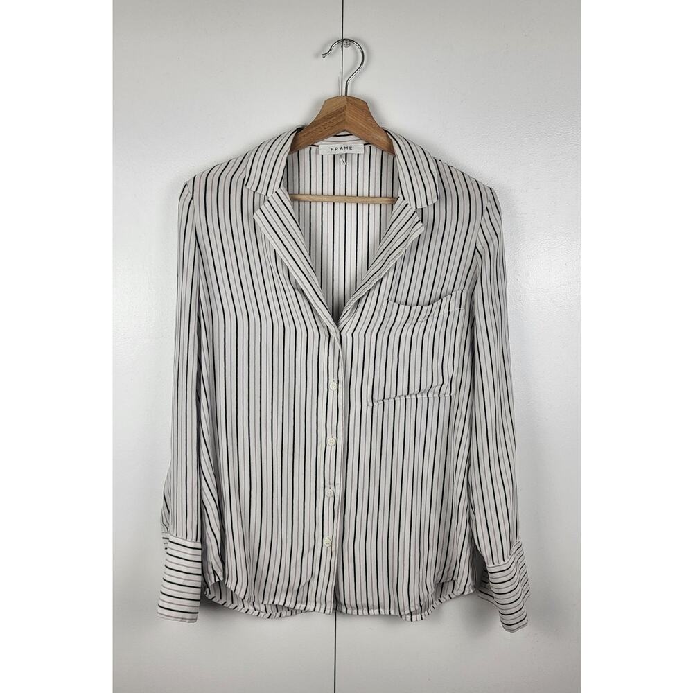 FRAME 100% Silk Striped Button Down Blouse | Black White XS - Picture 2 of 11